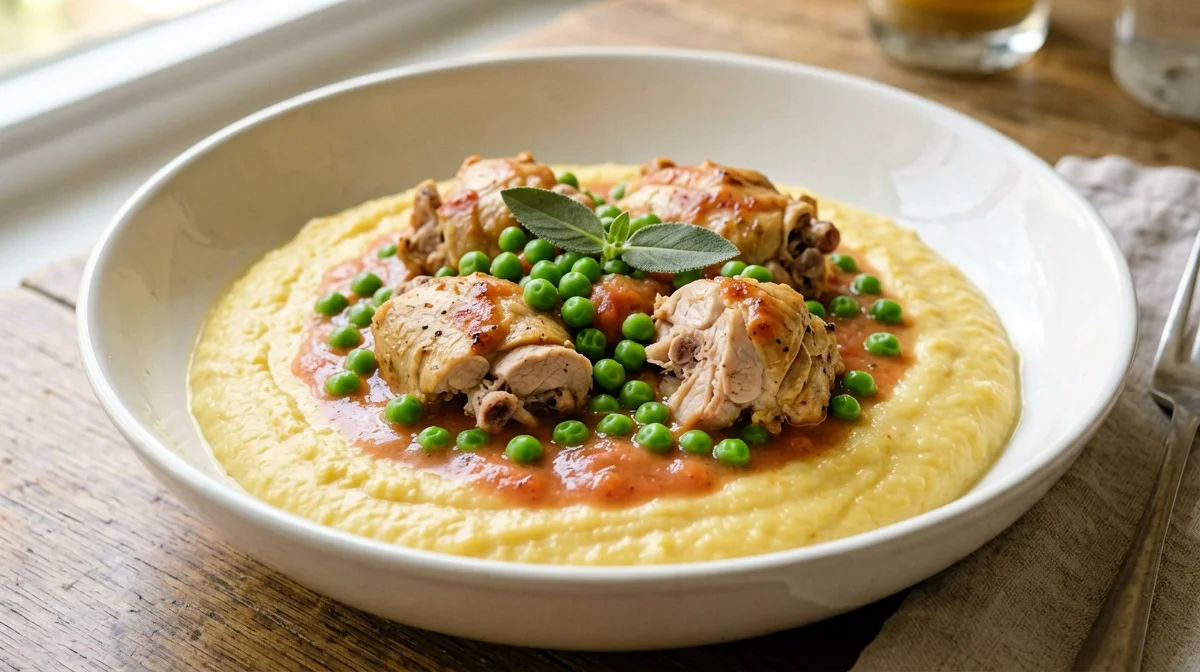 Pollo in umido con piselli e polenta
