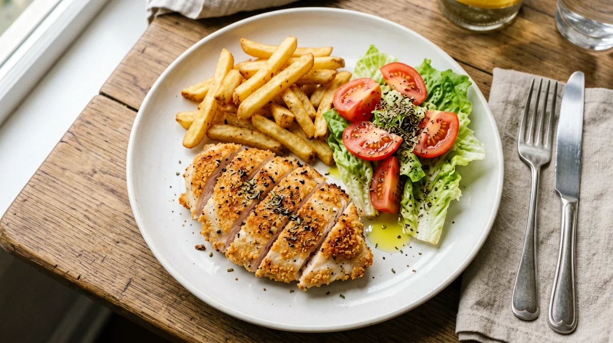 Oven-baked chicken cutlet with potatoes and tomato salad