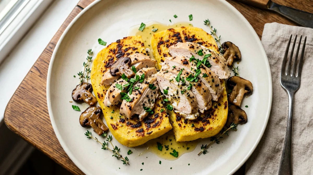 Pollo ai porcini con polenta grigliata