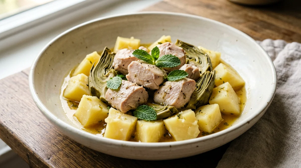 Chicken breast with artichokes and potatoes in the pan