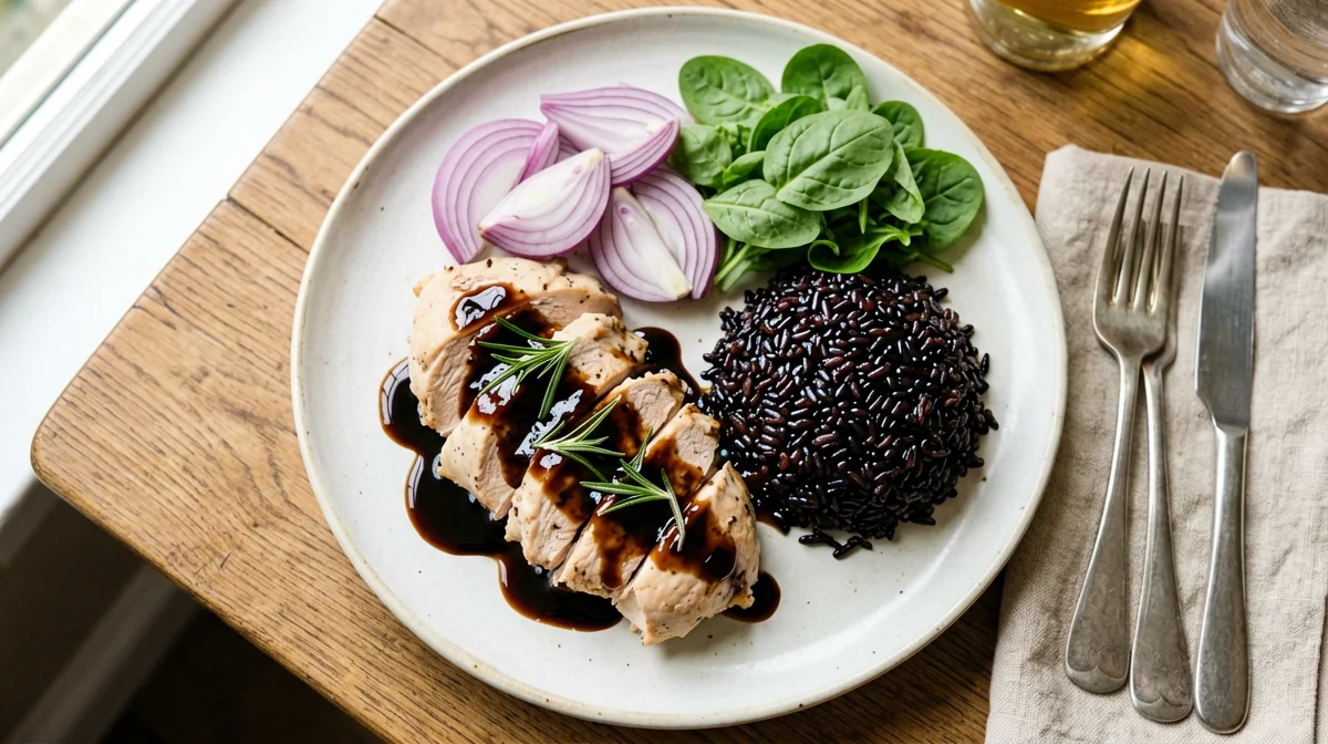 Pollo al balsamico con cipolle rosse e riso Venere