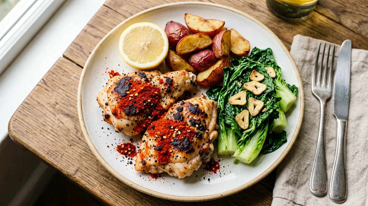 Devilled chicken with red potatoes and sautéed chicory