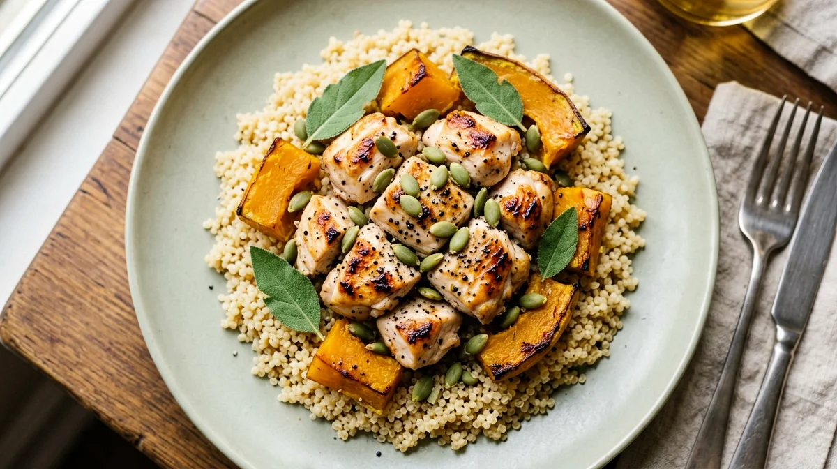 Roast chicken with pumpkin, sage and quinoa
