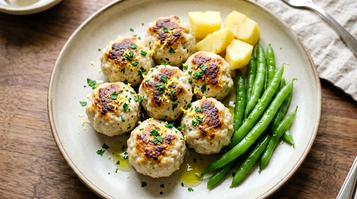 Polpette di pollo e ricotta al forno con fagiolini e patate