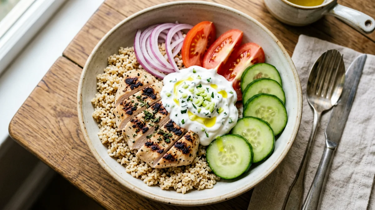 Grilled chicken bowl with bulgur, cucumber and yogurt sauce