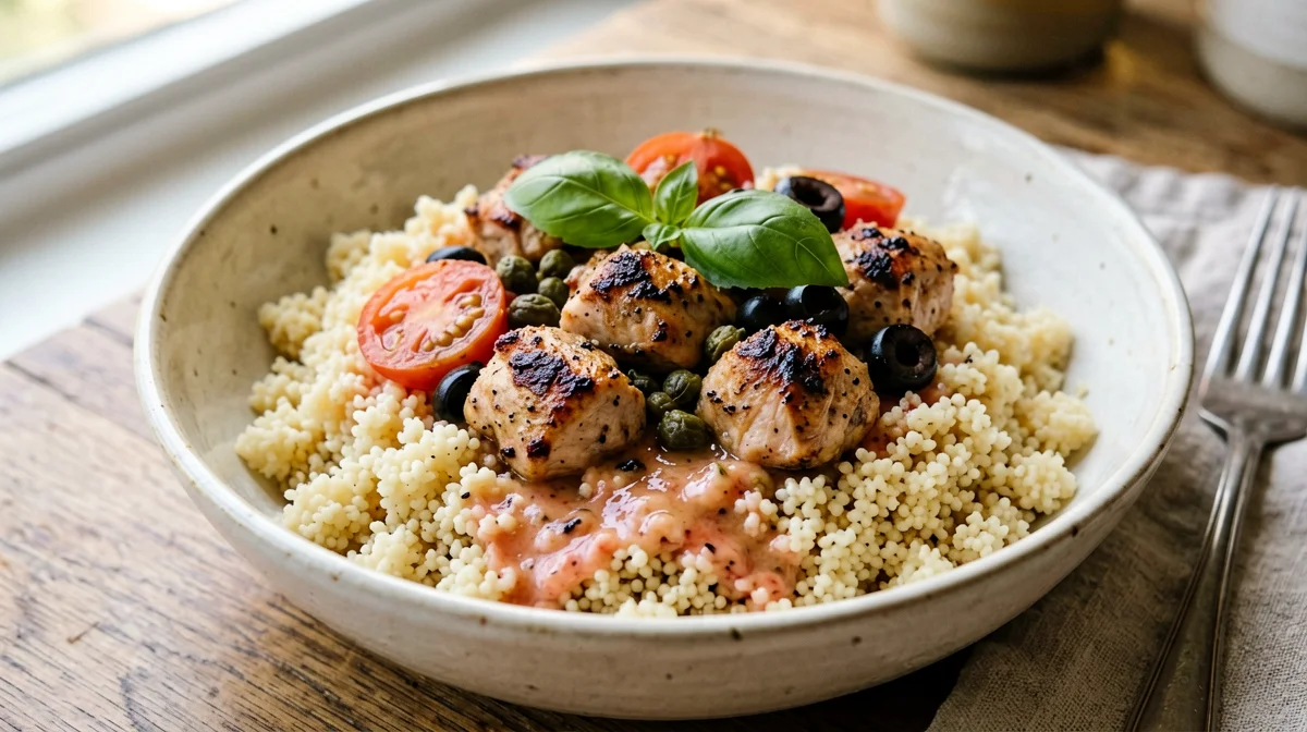 Pollo con pomodorini e capperi su couscous