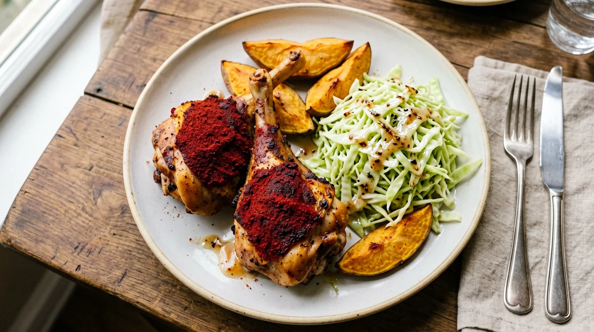 Paprika chicken drumsticks with sweet potatoes and cabbage slaw