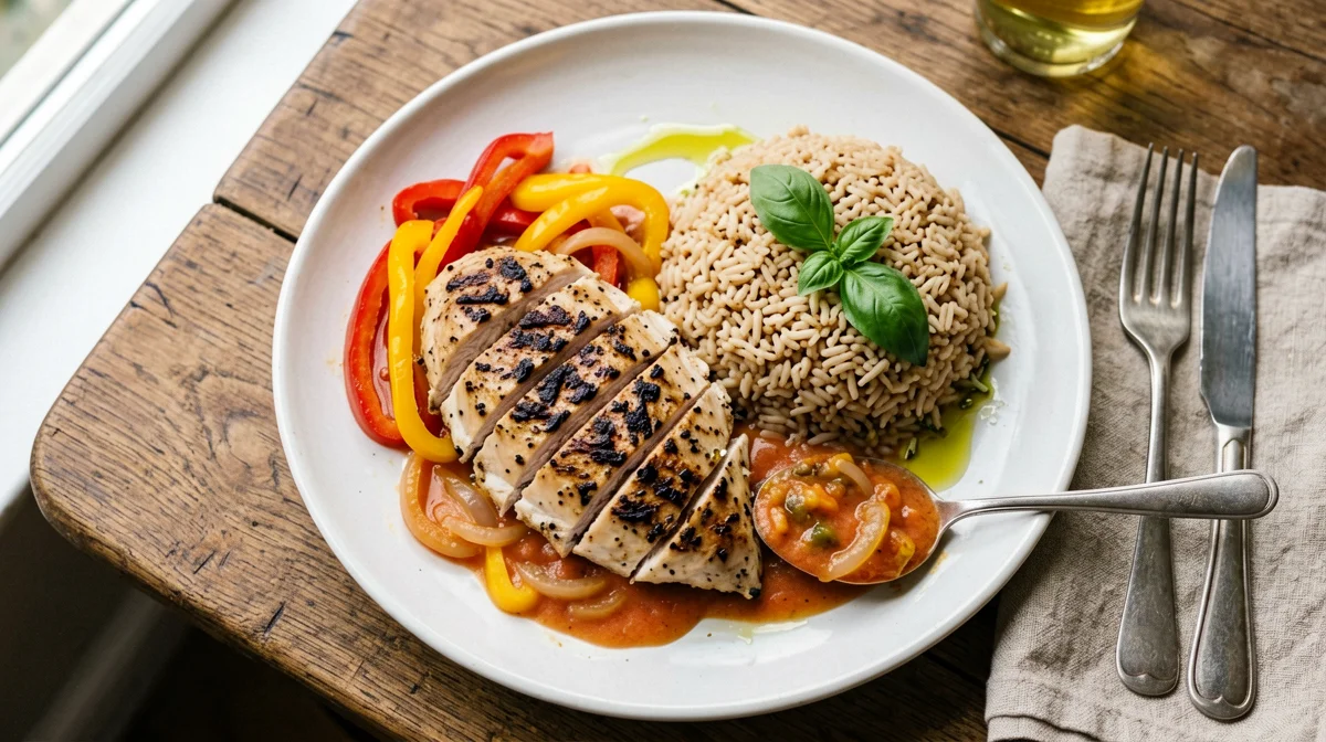 Pollo con peperonata leggera e riso integrale