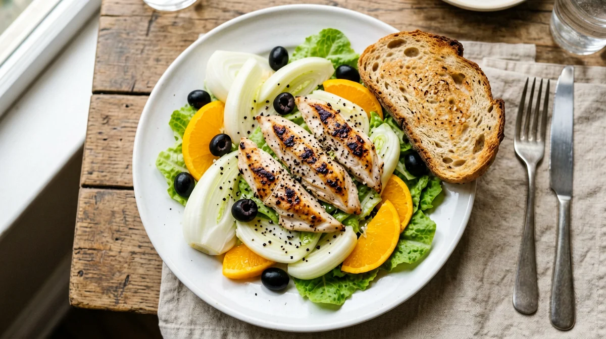 Insalata di pollo, finocchi e arance con pane integrale