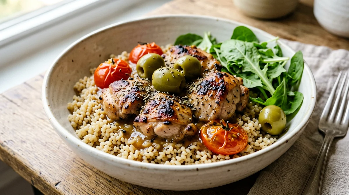 Pollo alle olive e pomodorini con farro e rucola