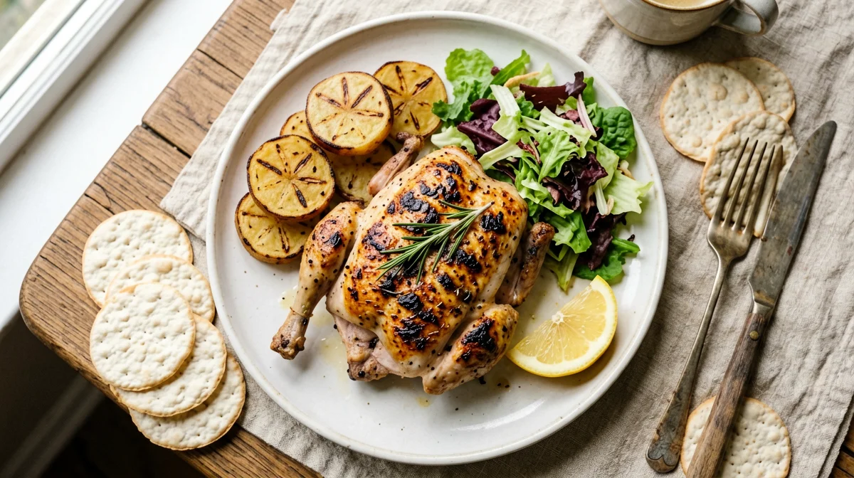Grilled lemon spring chicken with potatoes and salad