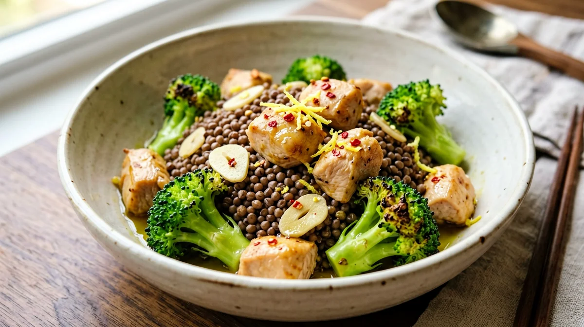 Pollo, broccoli e grano saraceno saltati all'aglio