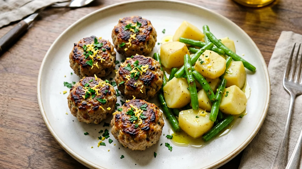 Polpette di pollo al limone con insalata di patate e fagiolini
