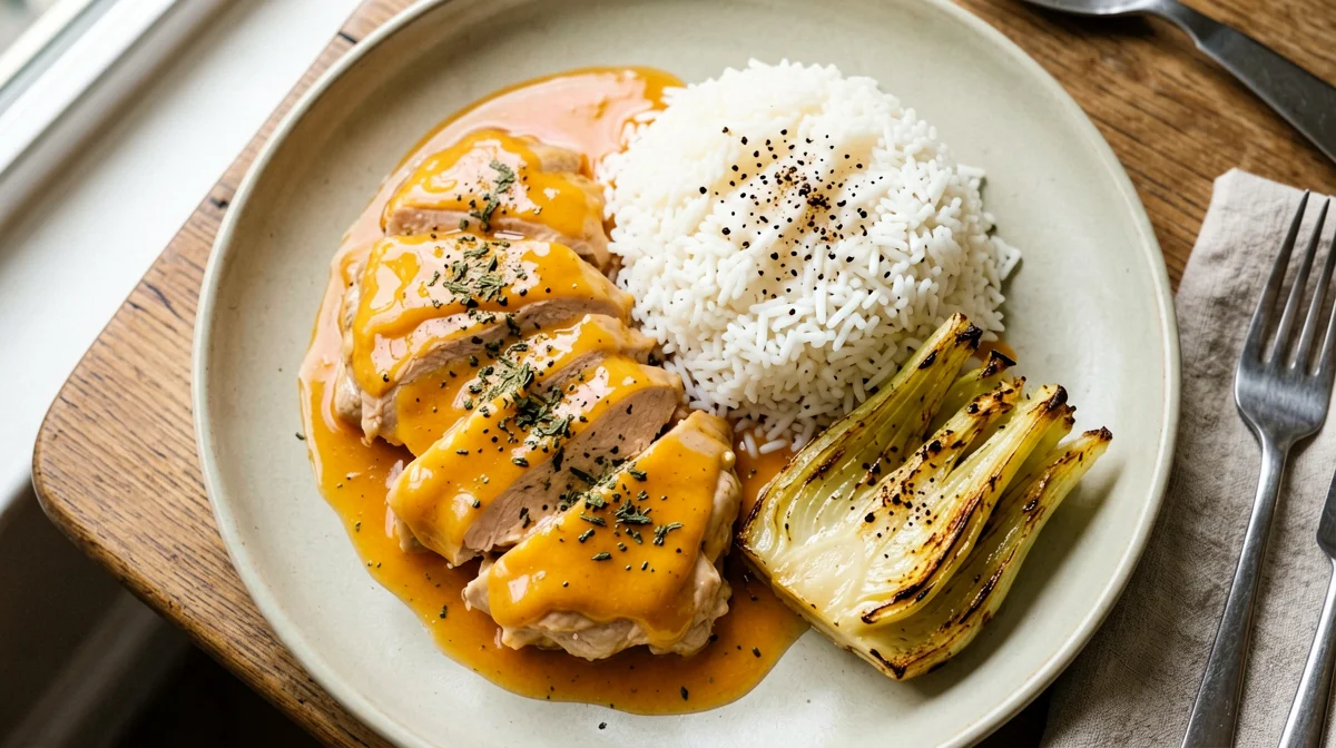 Orange chicken with basmati rice and roasted fennel
