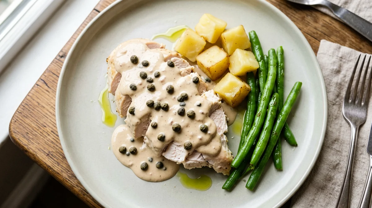 Chicken breast in yogurt tuna sauce with potatoes and green beans