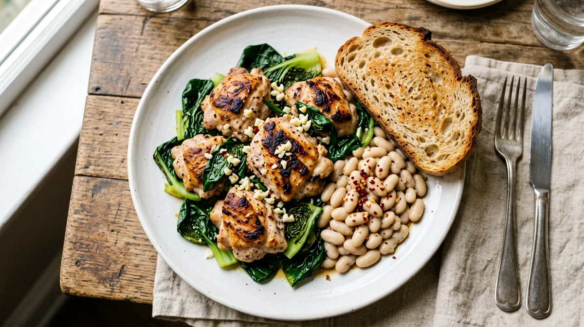 Chicken bites with turnip greens and cannellini beans
