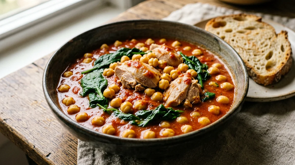 Chicken stew with chickpeas and spinach in tomato