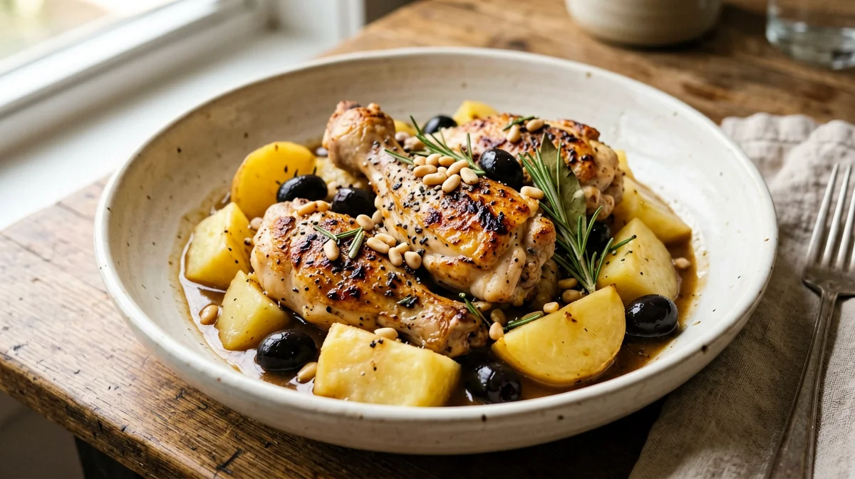 Ligurian chicken with olives, pine nuts and potatoes