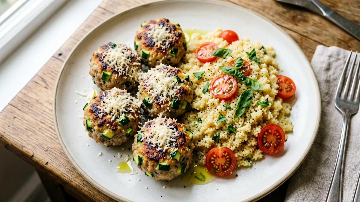 Polpette di pollo e zucchine al forno con couscous e pomodorini