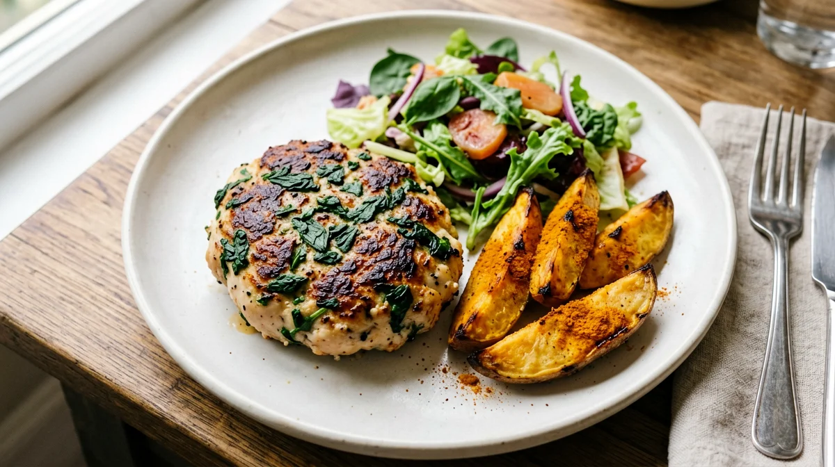 Chicken and spinach burger with baked sweet potatoes