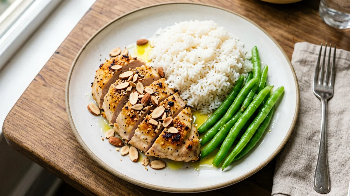 Almond-crusted chicken with green beans and rice