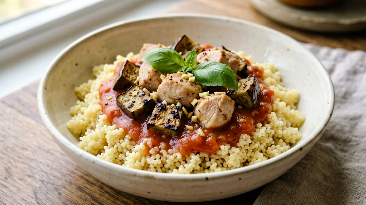 Pollo e melanzane al pomodoro con miglio