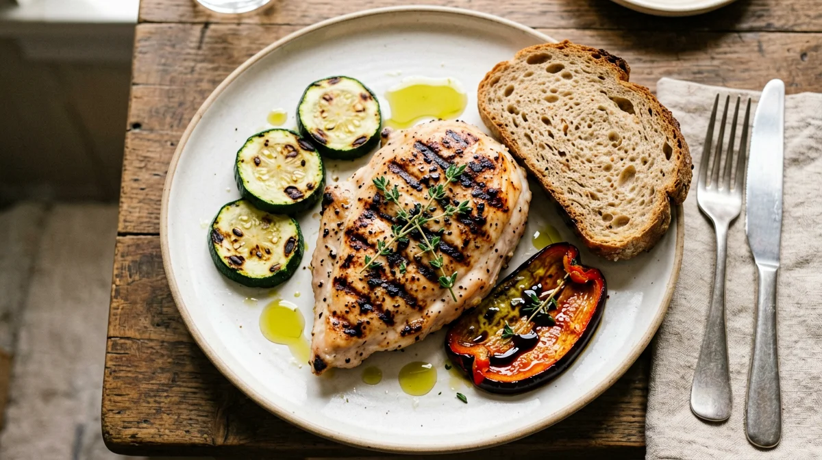 Pollo al timo con verdure grigliate e pane integrale