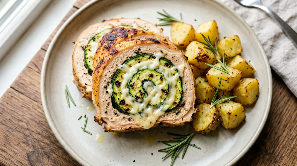 Rotolo di pollo con zucchine, scamorza e patate al rosmarino