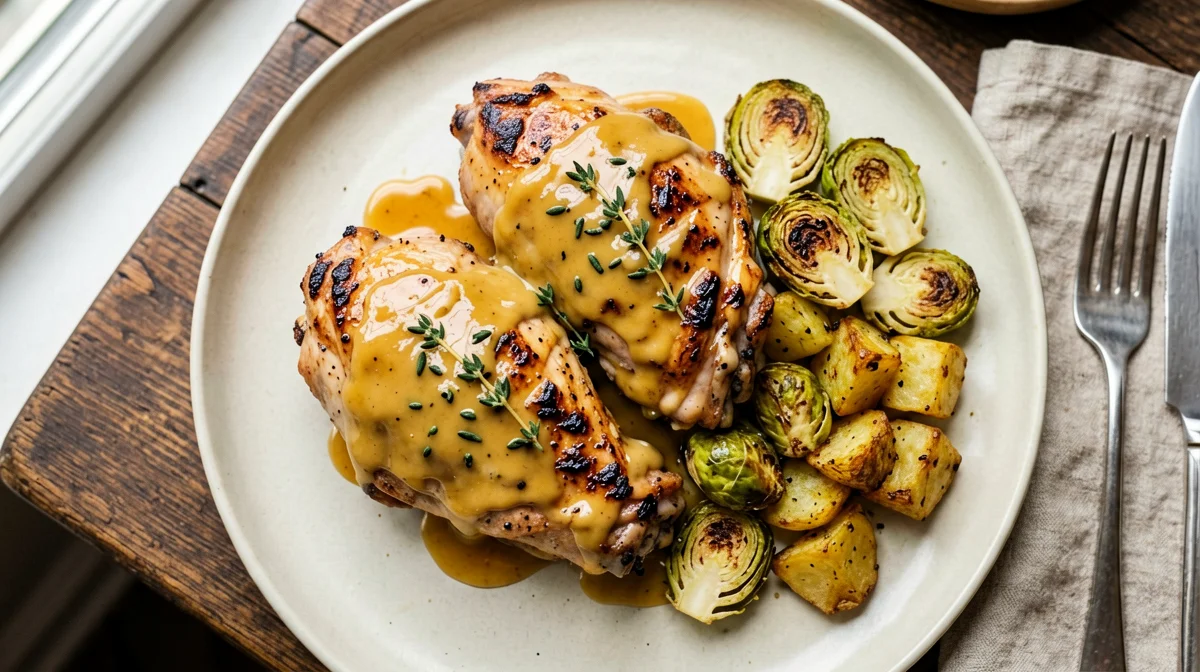 Sovracosce al forno senape e miele con cavoletti e patate