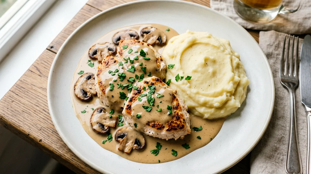 Turkey scaloppine with mushrooms and mashed potatoes