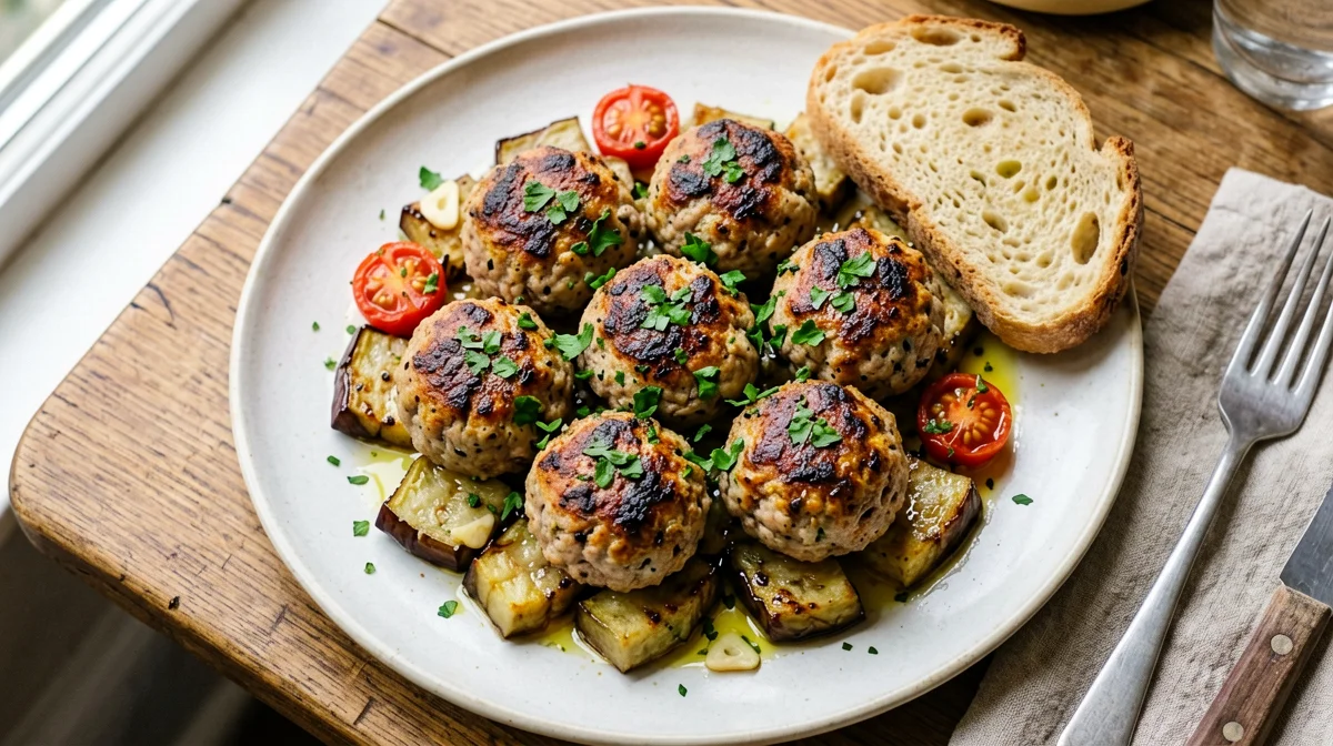 Baked turkey meatballs with sautéed aubergine