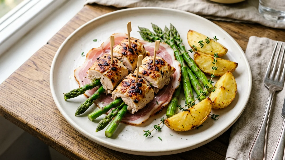 Involtini di tacchino con asparagi e speck, patate novelle