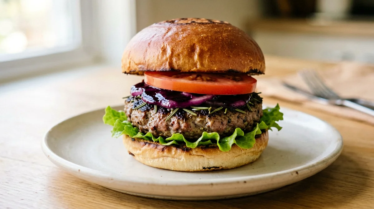 Burger di tacchino con cipolla caramellata e insalata
