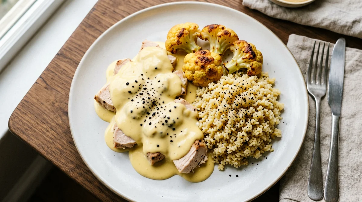 Tacchino alla senape con cavolfiore arrosto e farro
