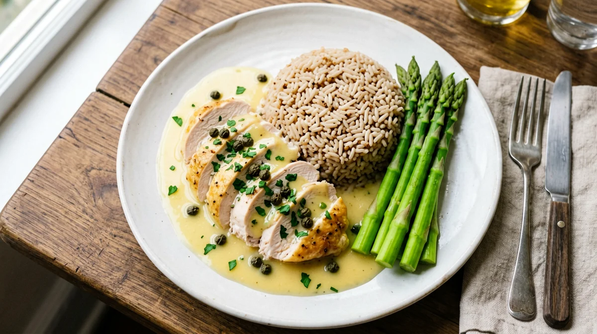 Piccata di tacchino al limone e capperi con asparagi e riso integrale