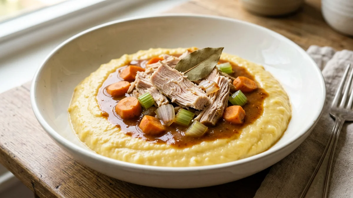 Braised turkey leg with vegetables and polenta