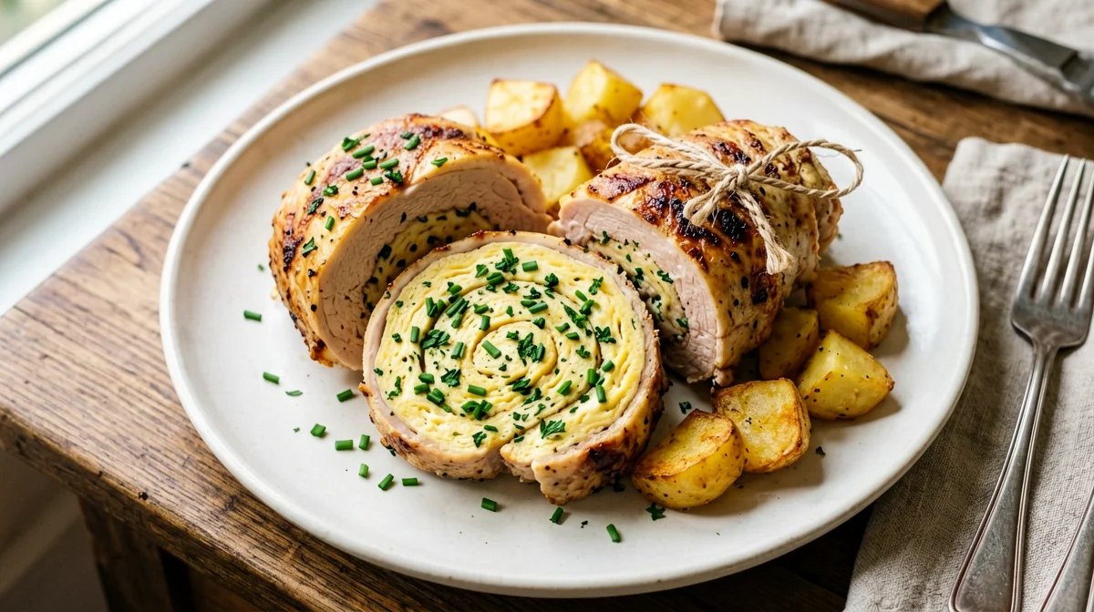 Turkey roulade with herb omelette and roast potatoes