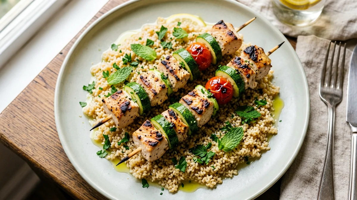 Spiedini di tacchino, zucchine e pomodorini con bulgur al prezzemolo