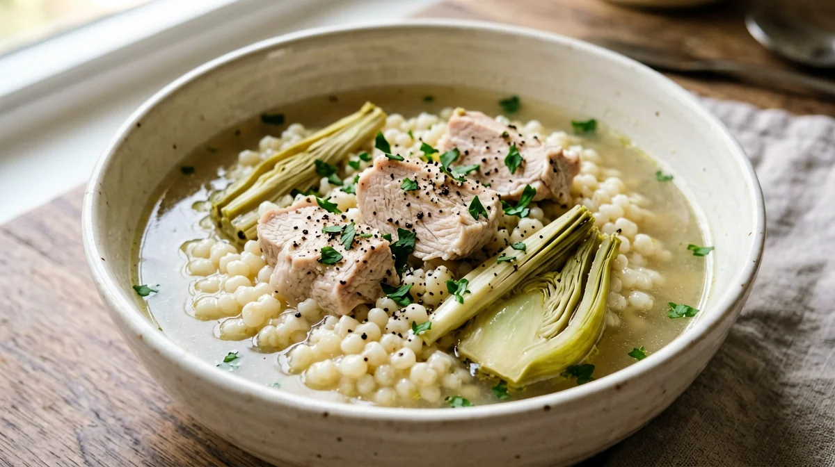 Bocconcini di tacchino con carciofi e orzo