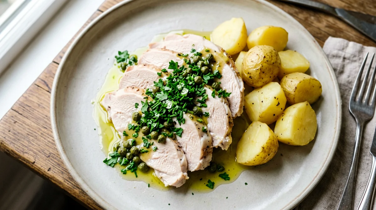 Turkey with salsa verde and boiled potatoes