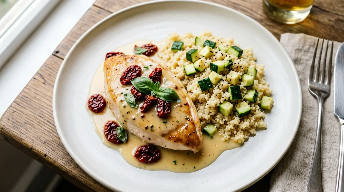 Turkey scaloppine with sun-dried tomatoes and basil, couscous