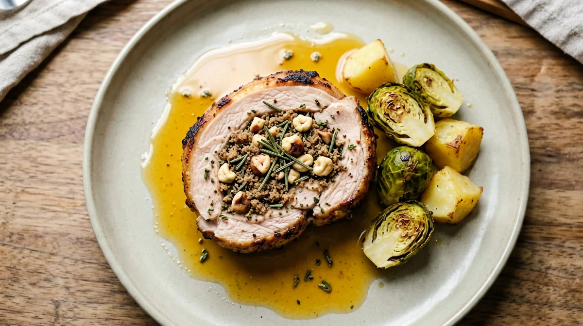 Turkey roll with chestnuts and Brussels sprouts