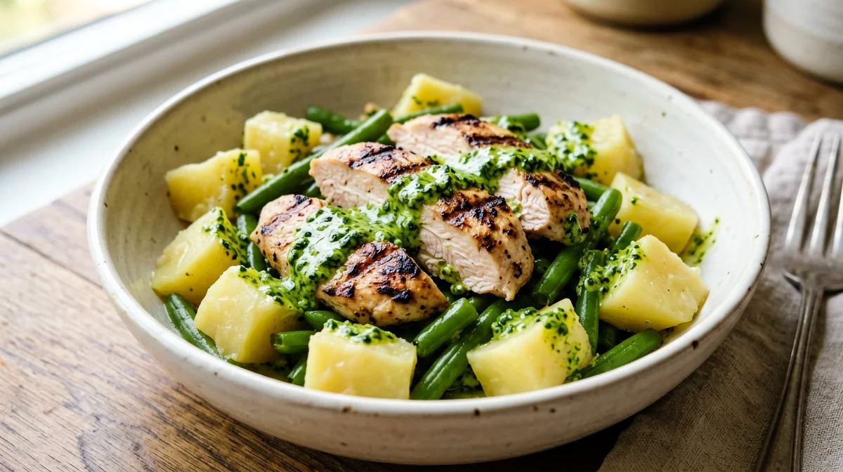 Tacchino al pesto con patate e fagiolini