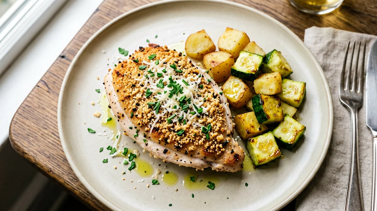 Herb and Grana crusted turkey with baked potatoes and zucchini