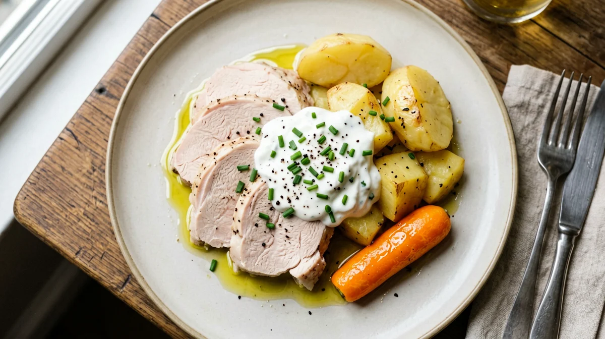 Steamed turkey with chive yogurt sauce, potatoes and carrots