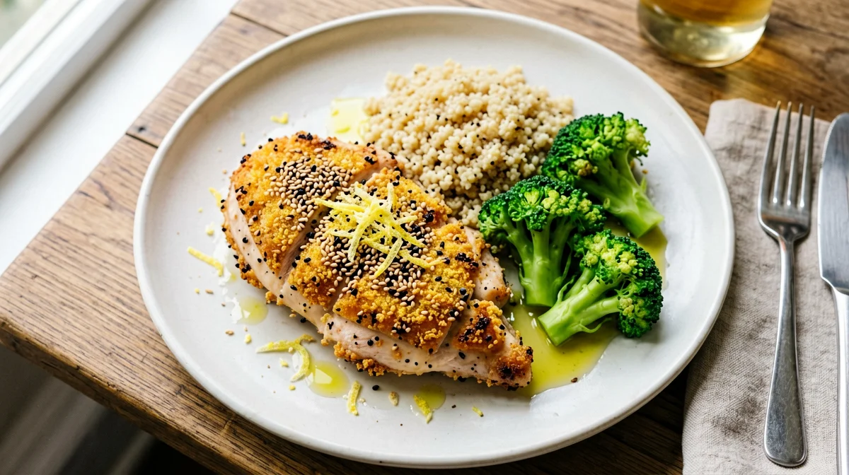 Sesame and lemon turkey cutlet with broccoli and quinoa