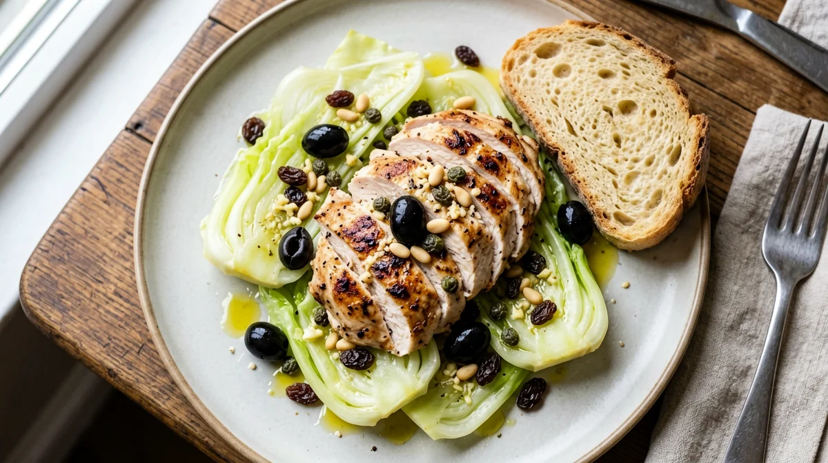 Tacchino con scarola, olive e capperi
