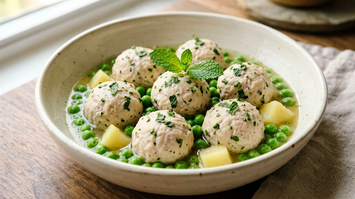 Minted turkey meatballs with peas and potatoes