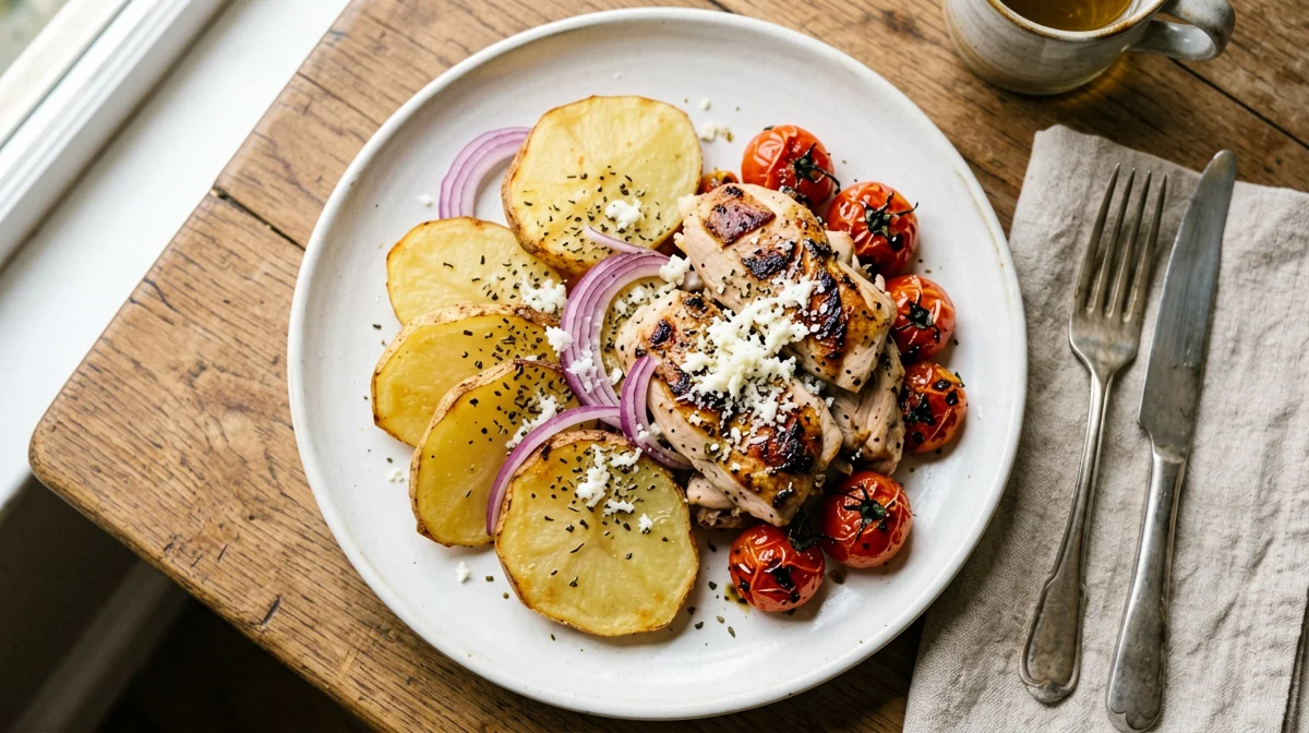 Baked turkey, potato and cherry tomato tray