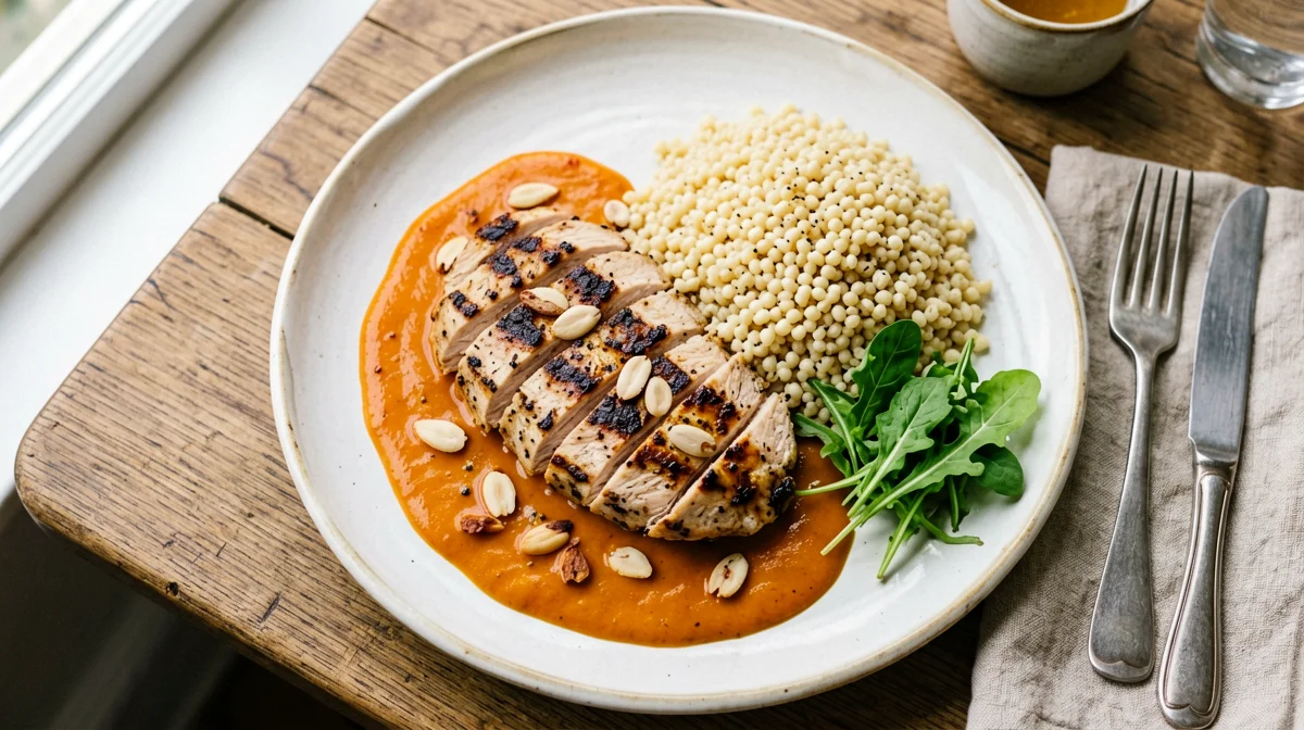 Tacchino con salsa di peperoni arrostiti e orzo